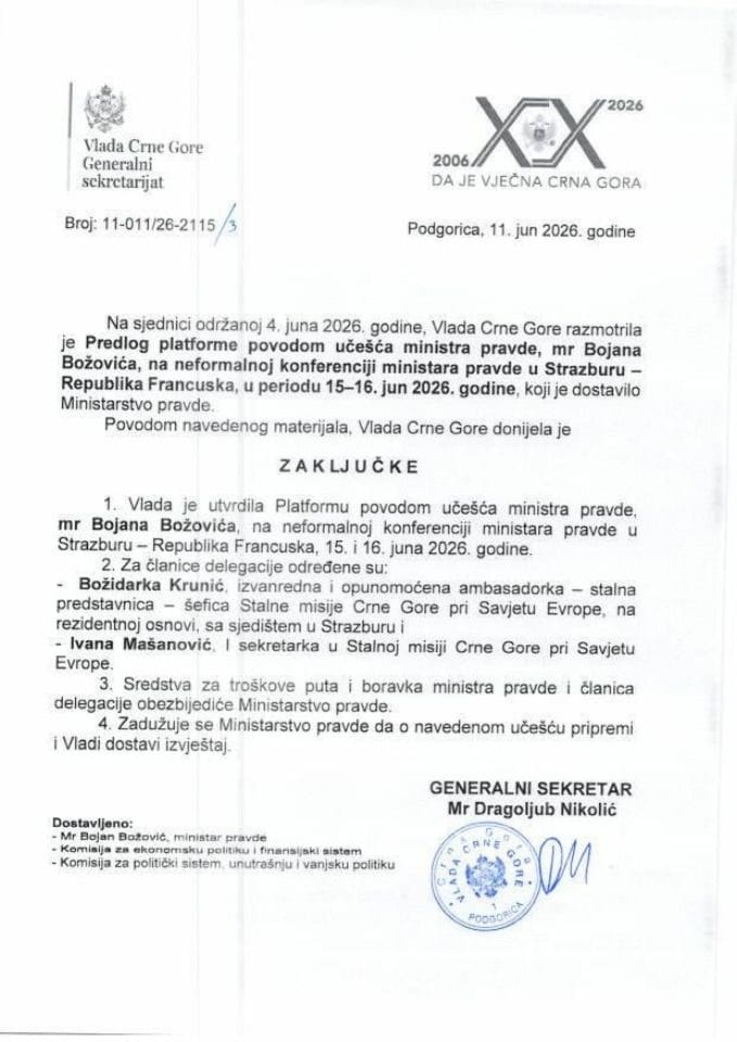 Predlog platforme povodom učešća ministra pravde mr Bojana Božovića na neformalnoj konferenciji ministara pravde u Strazburu – Republika Francuska, u periodu 15-16. jun 2026. godine - zaključci