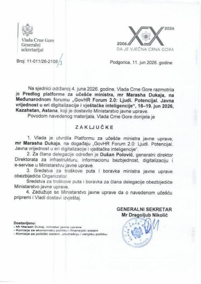 Predlog platforme za učešće ministra mr Marasha Dukaja na Međunarodnom forumu „GovHR Forum 2.0: Ljudi. Potencijal. Javna vrijednost u eri digitalizacije i vještačke inteligencije“, 18-19. jun 2026, Kazahstan, Astana - zaključci