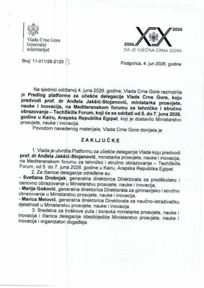 Предлог платформе за учешће делегације Владе Црне Горе, коју предводи проф. др Анђела Јакшић-Стојановић, министарка просвјете, науке и иновација, на Медитеранском форуму за техничко и стручно образовање – TechSkills Forum - закључци