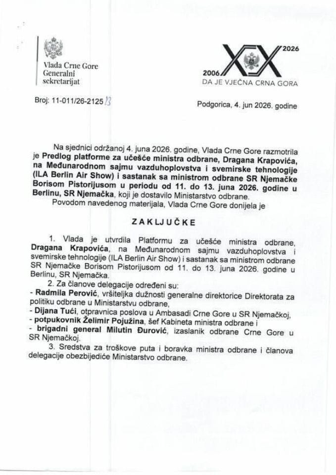 Predlog platforme za učešće ministra odbrane, Dragana Krapovića, na Međunarodnom sajmu vazduhoplovstva i svemirske tehnologije (ILA Berlin Air Show) i sastanak sa ministrom odbrane SR Njemačke, Borisom Pistorijusom - zaključci