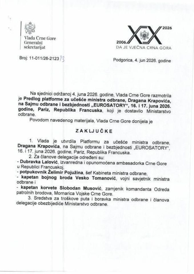 Predlog platforme za učešće ministra odbrane Dragana Krapovića na Sajmu odbrane i bezbjednosti „EUROSATORY“, 16. i 17. juna 2026. godine, Pariz, Republika Francuska - zaključci