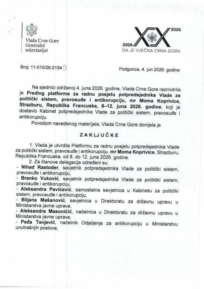 Предлог платформе за радну посјету потпредсједника Владе за политички систем, правосуђе и антикорупцију мр Мома Копривице, Стразбуру, Република Француска, 8 - 12. јуна 2026. године - закључци