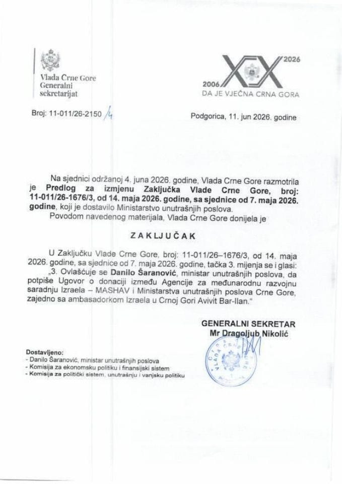 Predlog za izmjenu Zaključka Vlade Crne Gore, broj: 11-011/26-1676/3, od 14. maja 2026. godine, sa sjednice od 7. maja 2026. godine - zaključci