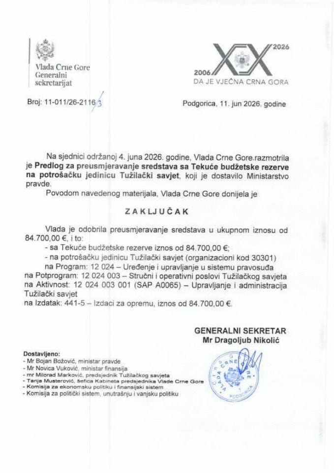 Predlog za preusmjeravanje sredstava sa Tekuće budžetske rezerve na potrošačku jedinicu Tužilački savjet - zaključci