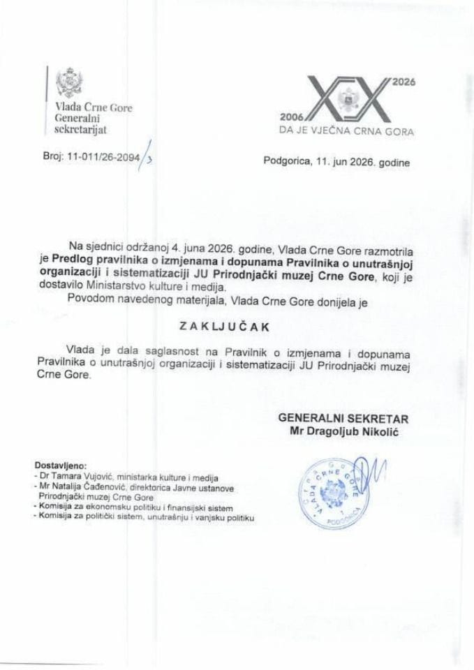 Predlog pravilnika o izmjenama i dopunama Pravilnika o unutrašnjoj organizaciji i sistematizaciji JU Prirodnjački muzej Crne Gore - zaključci