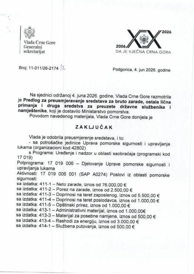 Predlog za preusmjeravanje sredstava za bruto zarade, ostala lična primanja i druga sredstva za preuzete državne službenike i namještenike - zaključci