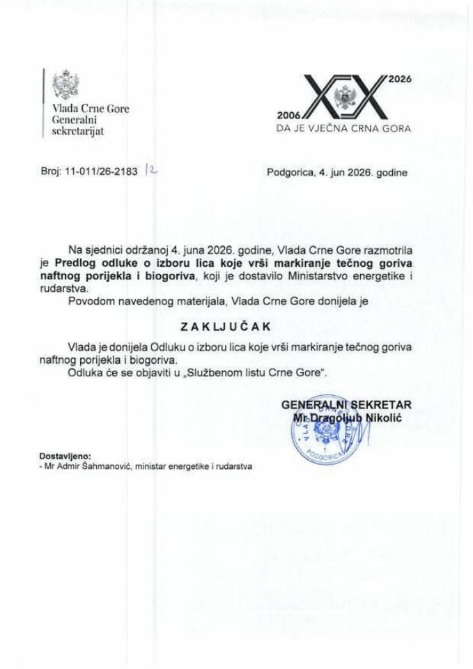Predlog odluke o izboru lica koje vrši markiranje tečnog goriva naftnog porijekla i biogoriva - zaključci