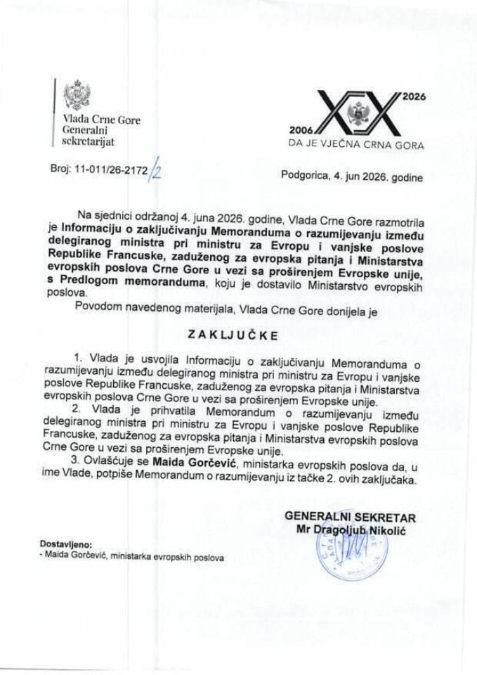 Informacija o zaključivanju Memoranduma o razumijevanju između delegiranog ministra pri ministru za Evropu i vanjske poslove Republike Francuske, zaduženog za evropska pitanja i Ministarstva evropskih poslova CG u vezi sa proširenjem EU - zaključci