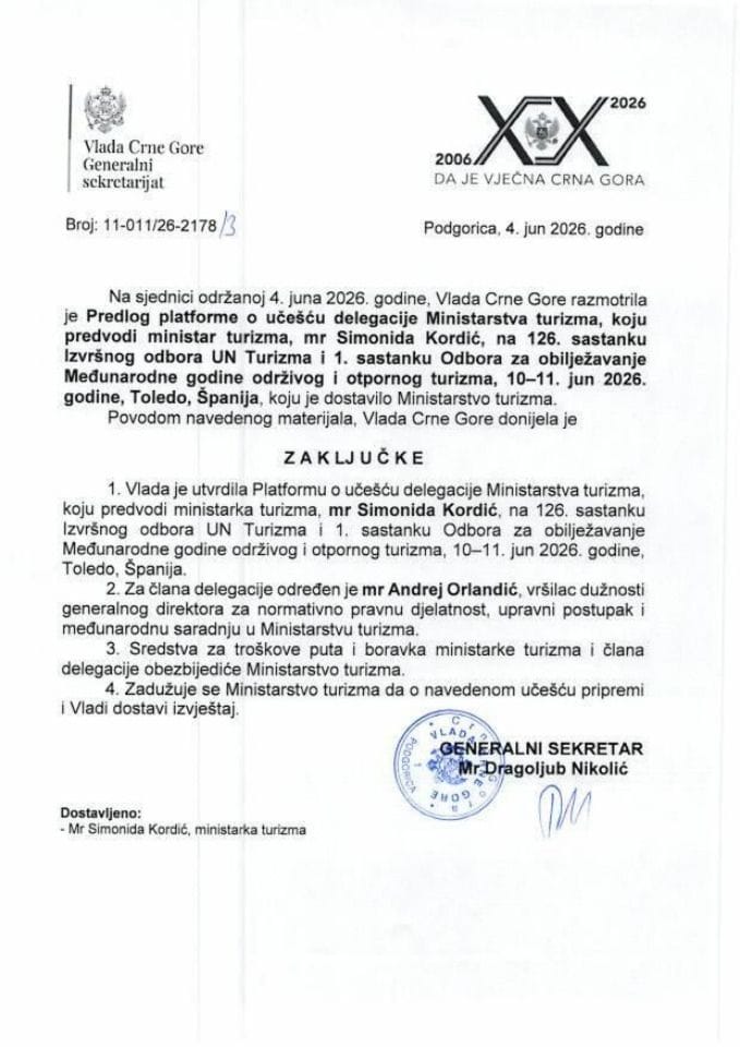 Predlog platforme o učešću delegacije Ministarstva turizma, koju predvodi ministar turizma, mr Simonida Kordić, na 126. sastanku Izvršnog odbora UN Turizma i 1. sastanku Odbora za obilježavanje Međunarodne godine održivog i otpornog turizma - zaključci