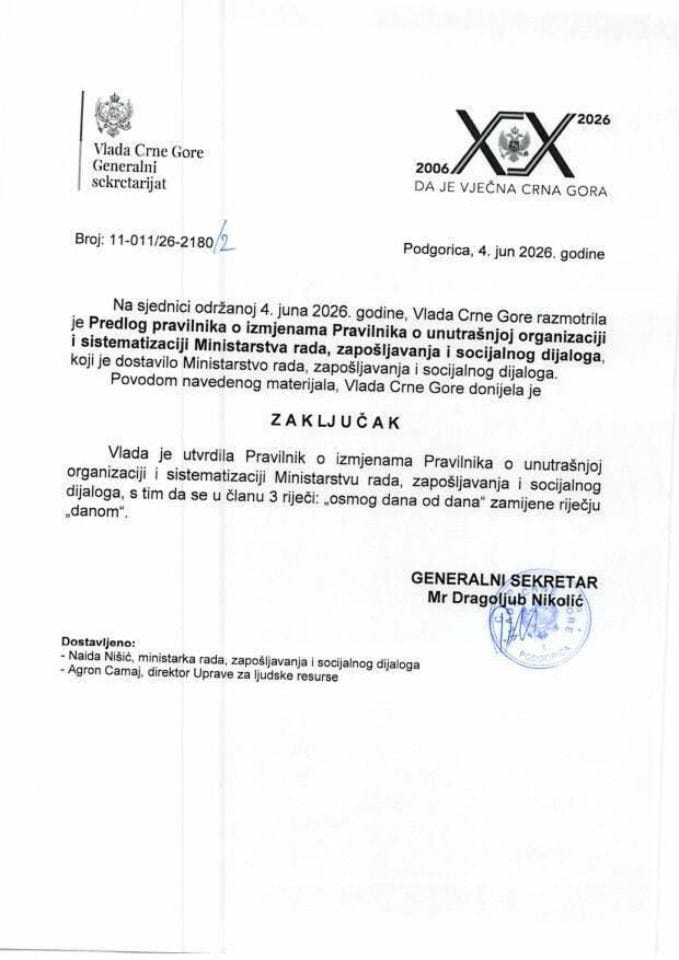Predlog pravilnika o izmjenama Pravilnika o unutrašnjoj organizaciji i sistematizaciji Ministarstva rada, zapošljavanja i socijalnog dijaloga - kadrovi