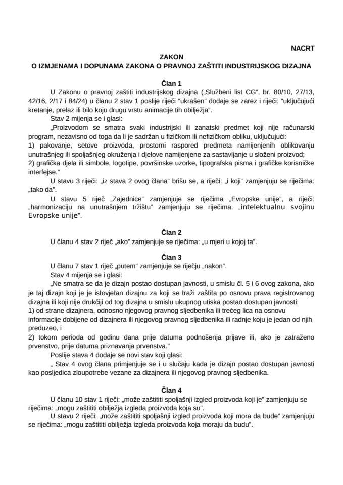 Nacrt zakona o izmjenama i dopunama Zakona o pravnoj zastiti industrijskog dizajna 18.6.26.