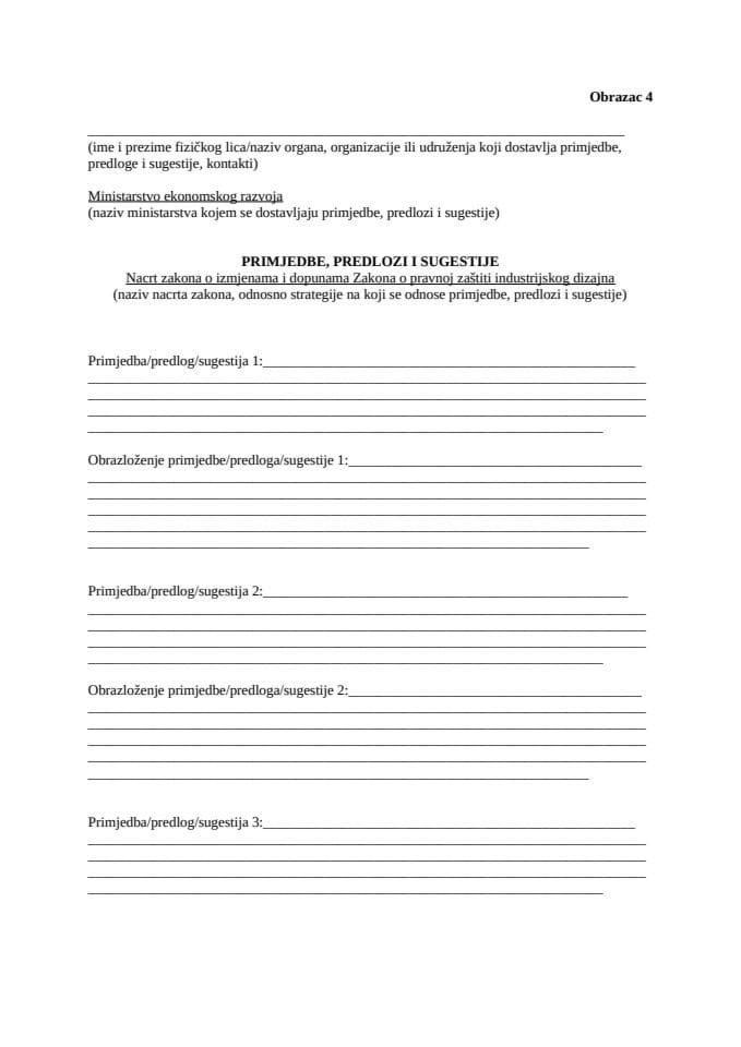 Obrazac 4, primjedbe, predlozi, sugestije