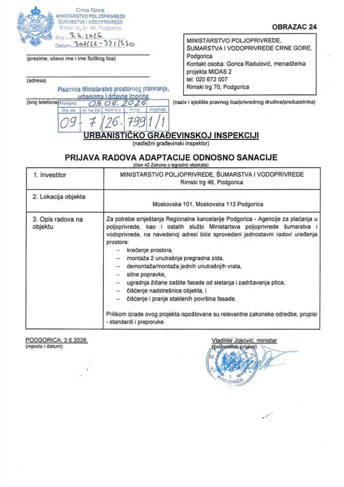 Prijava radova adaptacije - 09-7-26-7991-1 MINISTARSTVO POLJOPRIVREDE, ŠUMARSTVA I VODOPRIVREDE CG