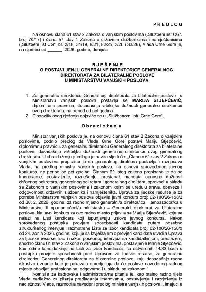Predlog za postavljenje generalne direktorice Generalnog direktorata za bilateralne poslove u Ministarstvu vanjskih poslova