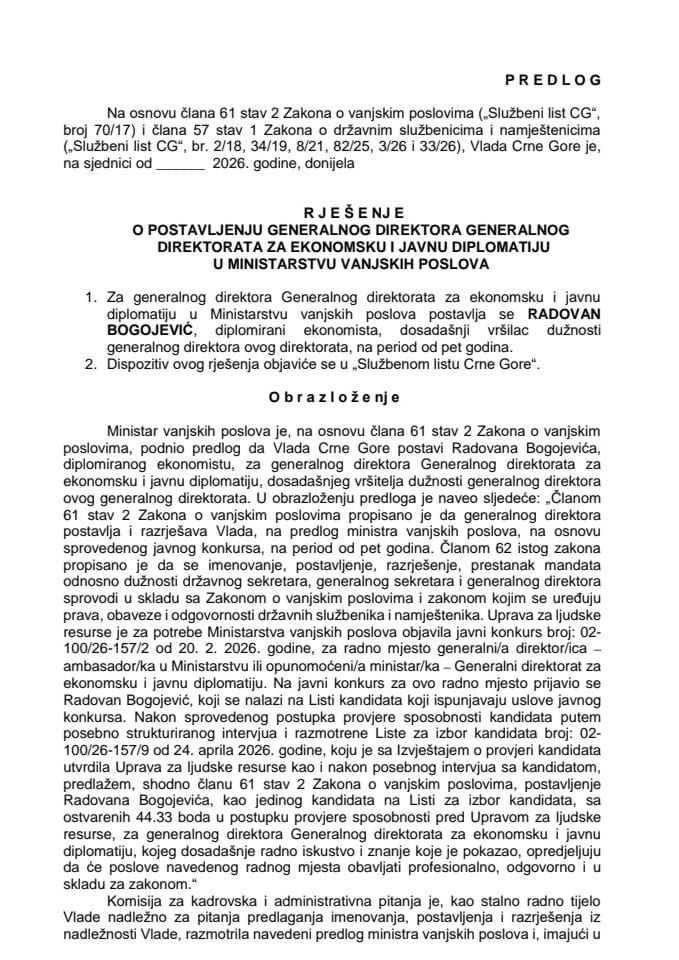 Predlog za postavljenje generalnog direktora Generalnog direktorata za ekonomsku i javnu diplomatiju u Ministarstvu vanjskih poslova
