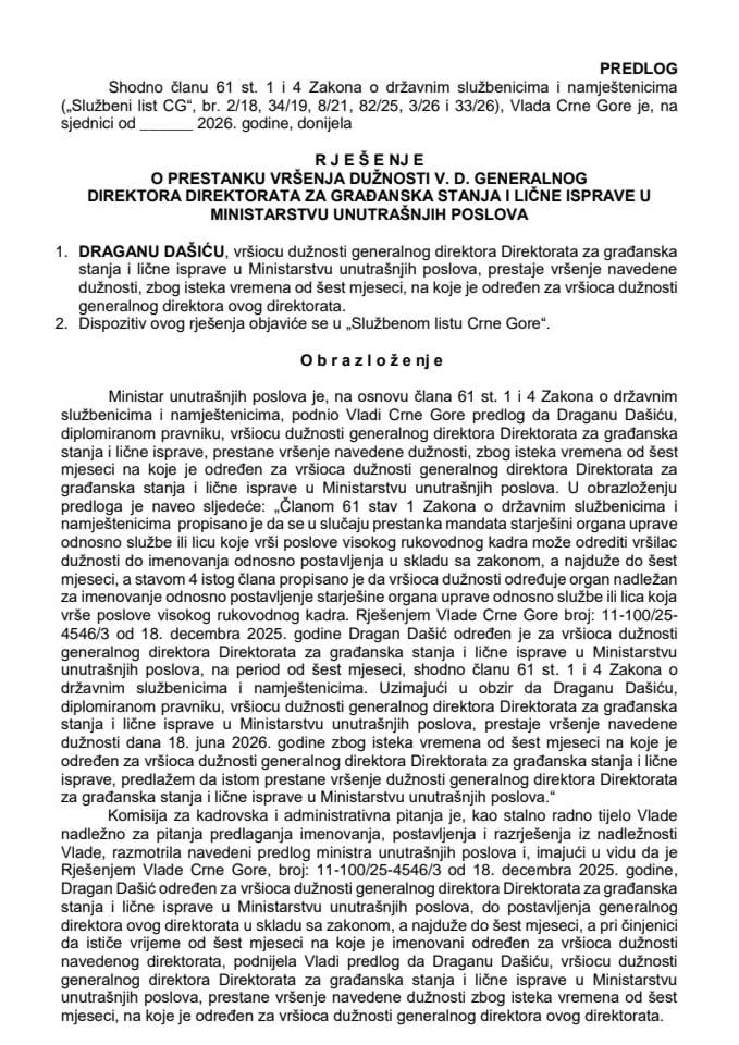 Predlog za prestanak vršenja dužnosti v. d. generalnog direktora Direktorata za građanska stanja i lične isprave u Ministarstvu unutrašnjih poslova