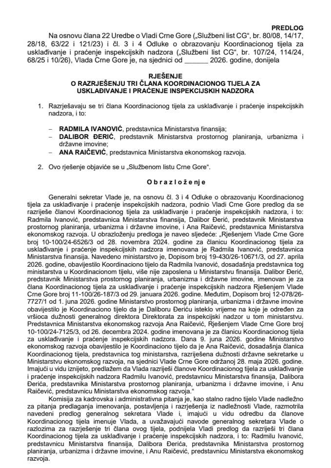 Predlog za razrješenje tri člana Koordinacionog tijela za usklađivanje i praćenje inspekcijskih nadzora