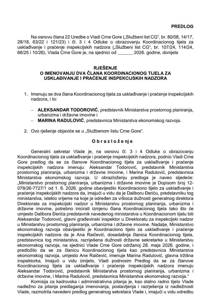 Predlog za imenovanje dva člana Koordinacionog tijela za usklađivanje i praćenje inspekcijskih nadzora