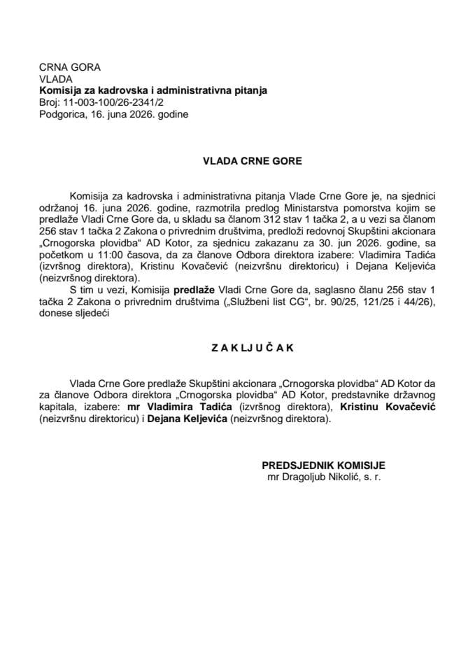 Predlog za izbor članova Odbora direktora „Crnogorska plovidba“ AD Kotor