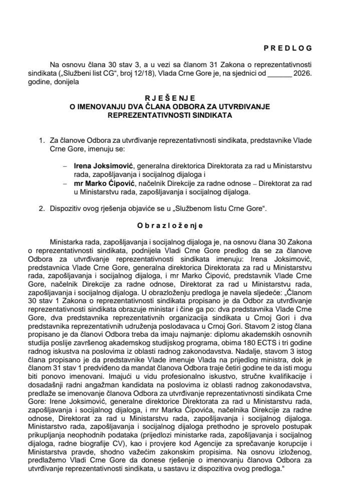 Predlog za imenovanje dva člana Odbora za utvrđivanje reprezentativnosti sindikata