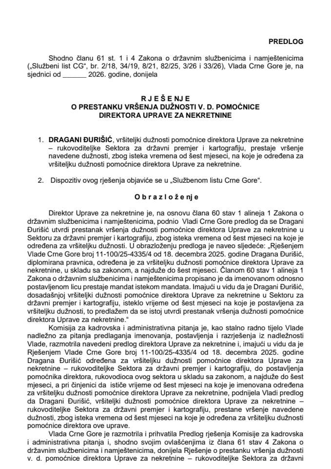 Predlog za prestanak vršenja dužnosti v. d. pomoćnice direktora Uprave za nekretnine