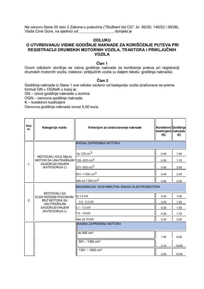 Predlog odluke o utvrđivanju visine godišnje naknade za korišćenje puteva pri registraciji drumskih motornih vozila, traktora i priključnih vozila