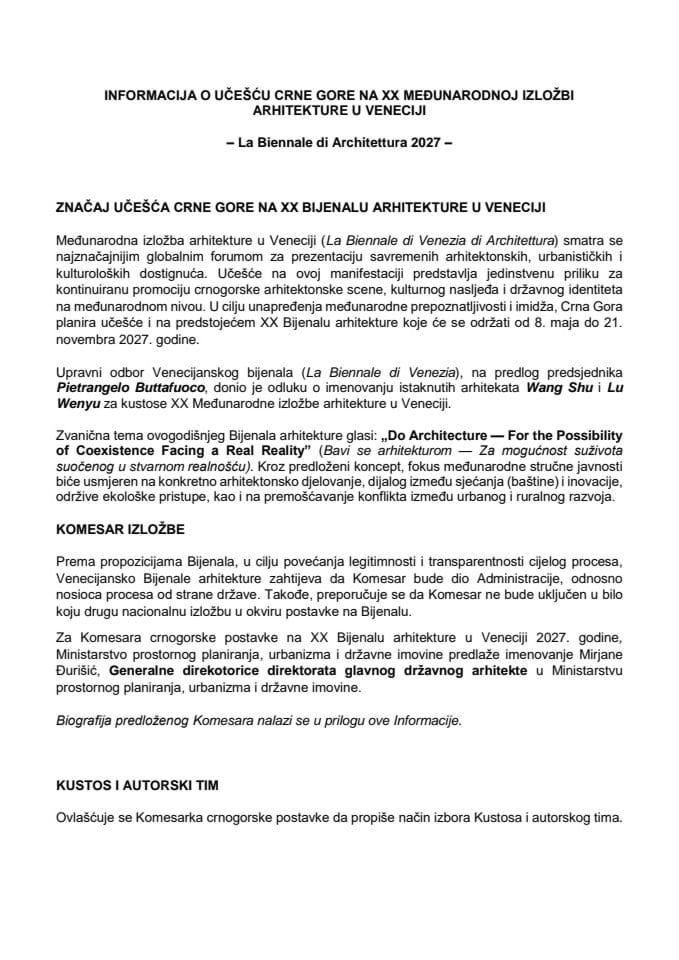 Informacija o učešću Crne Gore na XX Međunarodnoj izložbi arhitekture u Veneciji