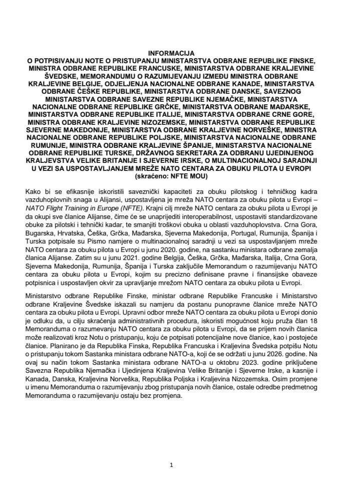Informacija o potpisivanju Note o pristupanju multinacionalnoj saradnji u vezi sa uspostavljanjem mreže NATO centara za obuku pilota u Evropi