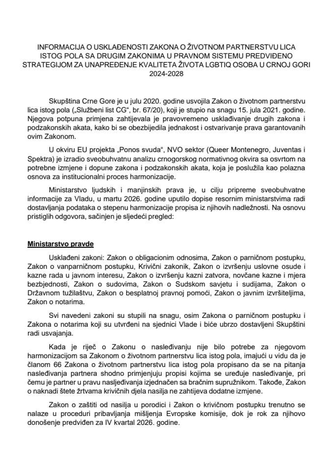 Informacija o usklađenosti Zakona o životnom partnerstvu lica istog pola sa drugim zakonima u pravnom sistemu predviđeno Strategijom za unapređenje kvaliteta života LGBTIQ osoba u Crnoj Gori 2024-2028