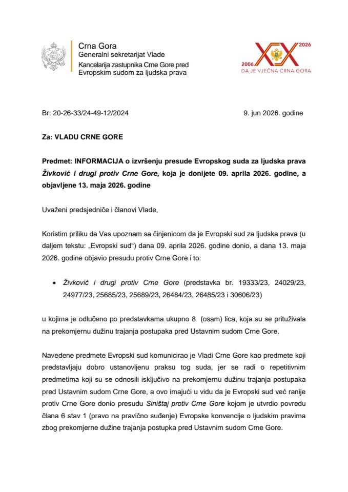 Informacija o izvršenju presude Evropskog suda za ljudska prava Živković i drugi protiv Crne Gore, koja je donijeta 9. aprila 2026. godine, a objavljena 13. maja 2026. godine