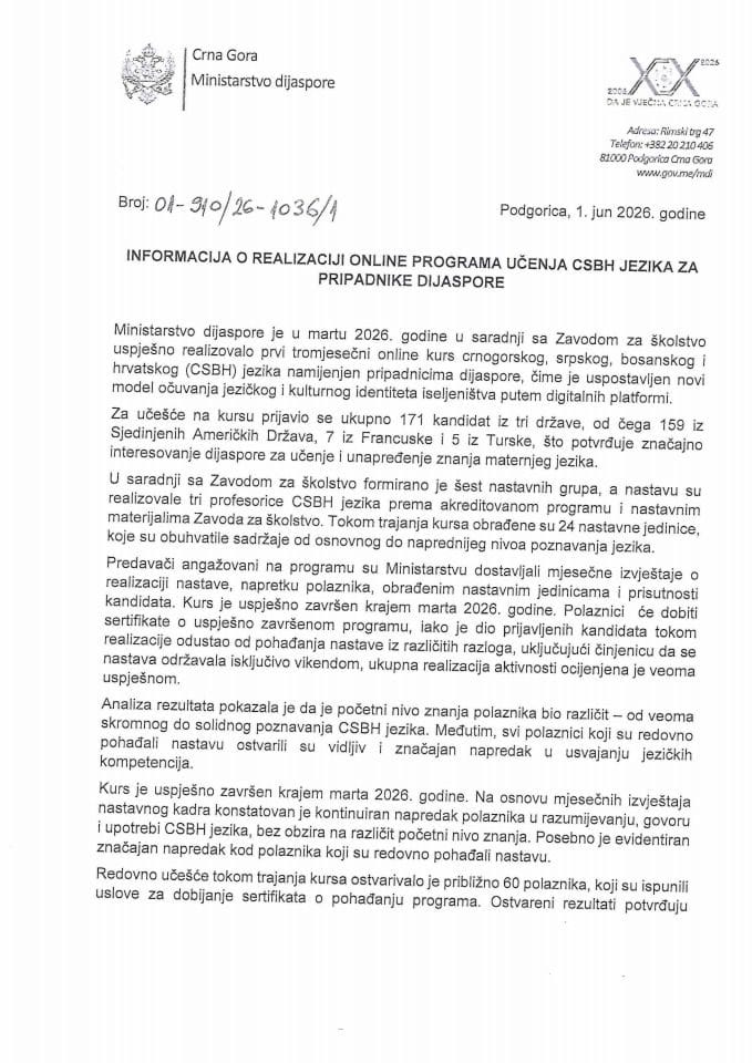 Informacija o realizaciji online programa učenja CSBH jezika za pripadnike dijaspore