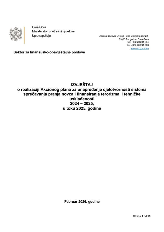 Izvještaj o realizaciji Akcionog plana za unapređenje djelotvornosti sistema sprečavanja pranja novca i finansiranja terorizma i tehničke usklađenosti 2024-2025 (AP MER 2024-2025), u toku 2025. godine