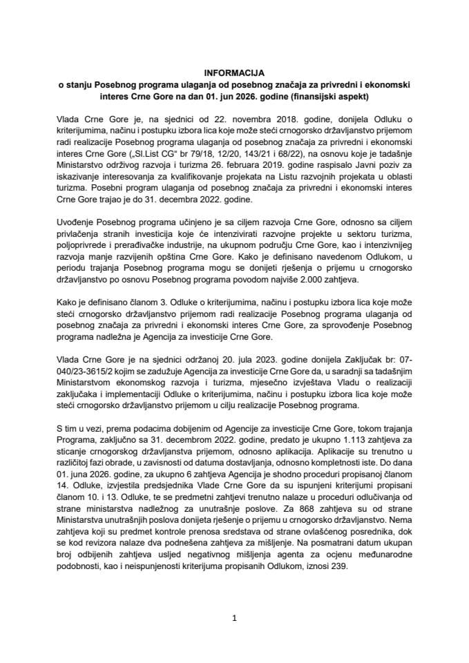 Informacija o stanju Posebnog programa ulaganja od posebnog značaja za privredni i ekonomski interes Crne Gore na dan 01. jun 2026. godine (finansijski aspekt)