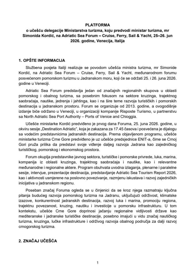 Predlog platforme o učešću delegacije Ministarstva turizma, koju predvodi ministar turizma, mr Simonida Kordić, na Adriatic Sea Forum – Cruise, Ferry, Sail & Yacht, 25–26. jun 2026. godine, Venecija, Italija
