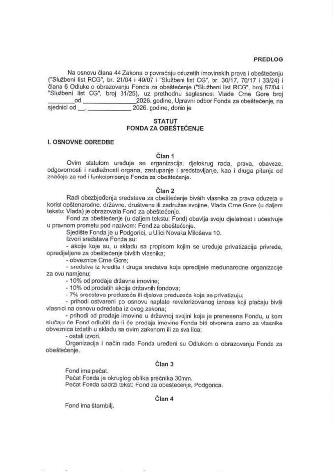 Predlog statuta Fonda za obeštećenje