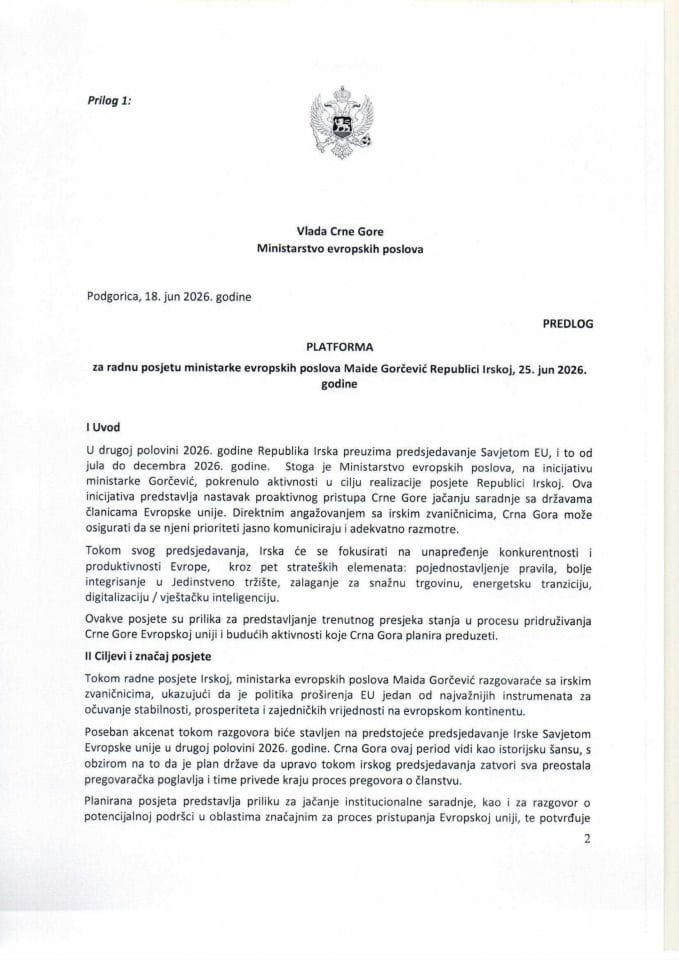Predlog platforme za radnu posjetu ministarke evropskih poslova Maide Gorčević Republici Irskoj, 25. jun 2026. godine