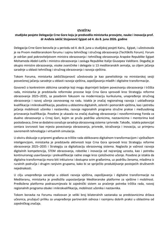 Izvještaj sa studijske posjete delegacije Crne Gore koju je predvodila ministarka prosvjete, nauke i inovacija prof. dr Anđela Jakšić Stojanović, Egipat, od 4. do 8. juna 2026. godine