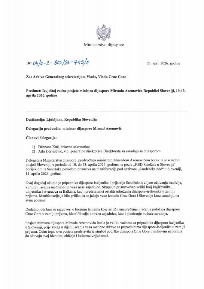 Izvještaj sa radne posjete ministra dijaspore Mirsada Azemovića Republici Sloveniji,10-13. aprila 2026. godine
