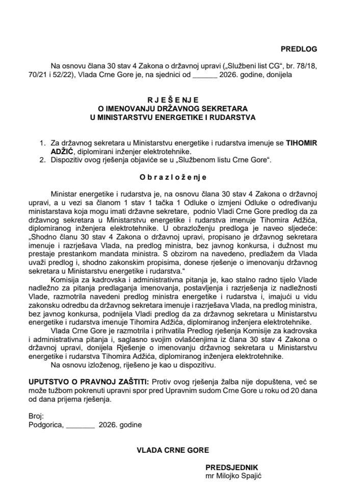 Predlog za imenovanje državnog sekretara u Ministarstvu energetike i rudarstva