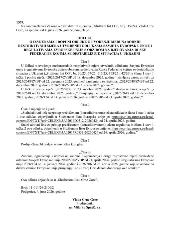 Odluka o izmjenama i dopuni Odluke o uvođenju međunarodnih restriktivnih mjera utvrđenih odlukama Savjeta Evropske unije i regulativama Evropske unije s obzirom na djelovanja Ruske Federacije kojima se destabilizuje situacija u Ukrajini – s prevodima