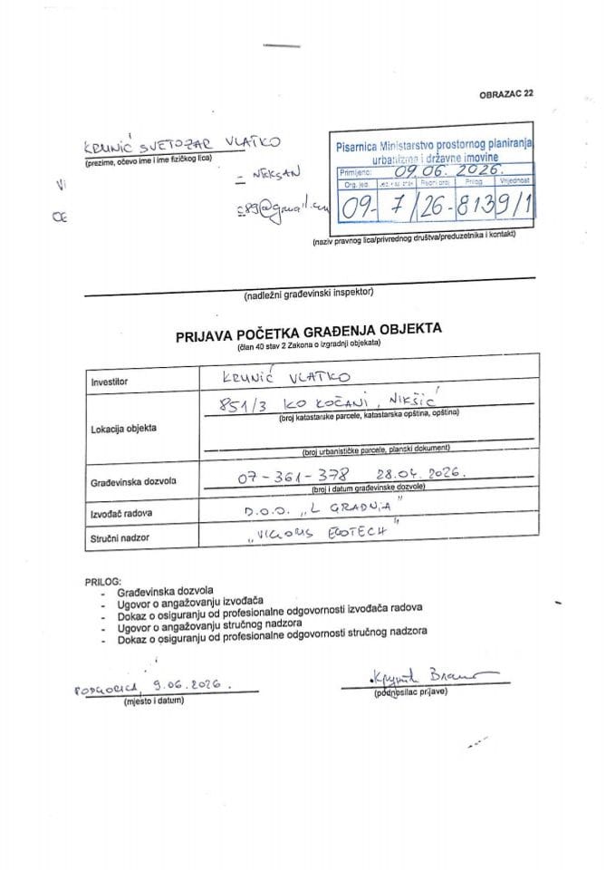 Prijava početka građenja objekta - 09-7-26-8139-1 KRUNIĆ SVETOZAR VLATKO