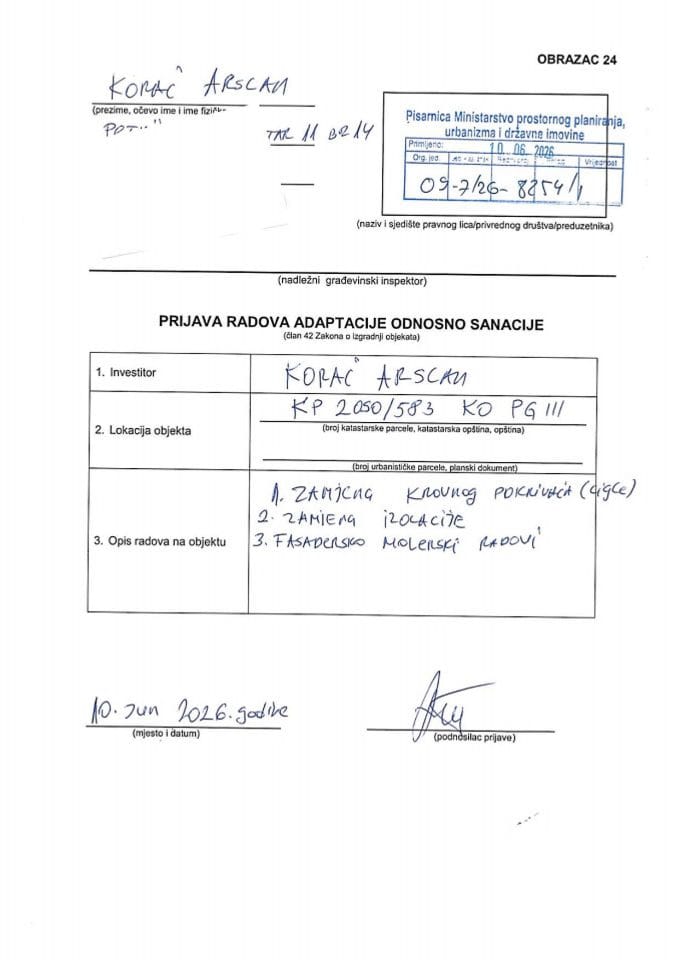 Prijava radova adaptacije - 09-7-26-8254-1 KORAĆ ASCAN