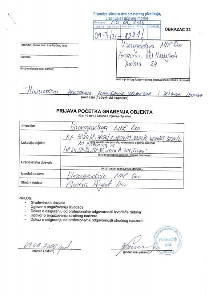 Prijava početka građenja objekta - 09-7-26-8221-1 VISOKOGRADNJA MNE D.O.O.