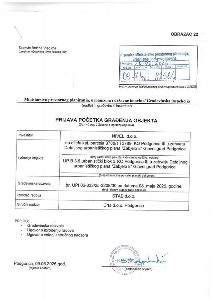 Prijava početka građenja objekta - 09-7-26-8258-1 ĐUROVIĆ VLADIMIR - NIVEL D.O.O.