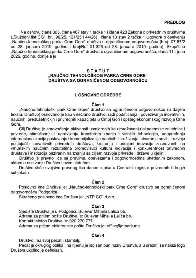 Predlog statuta Društva s ograničenom odgovornošću „Naučno-tehnološki park Crne Gore“