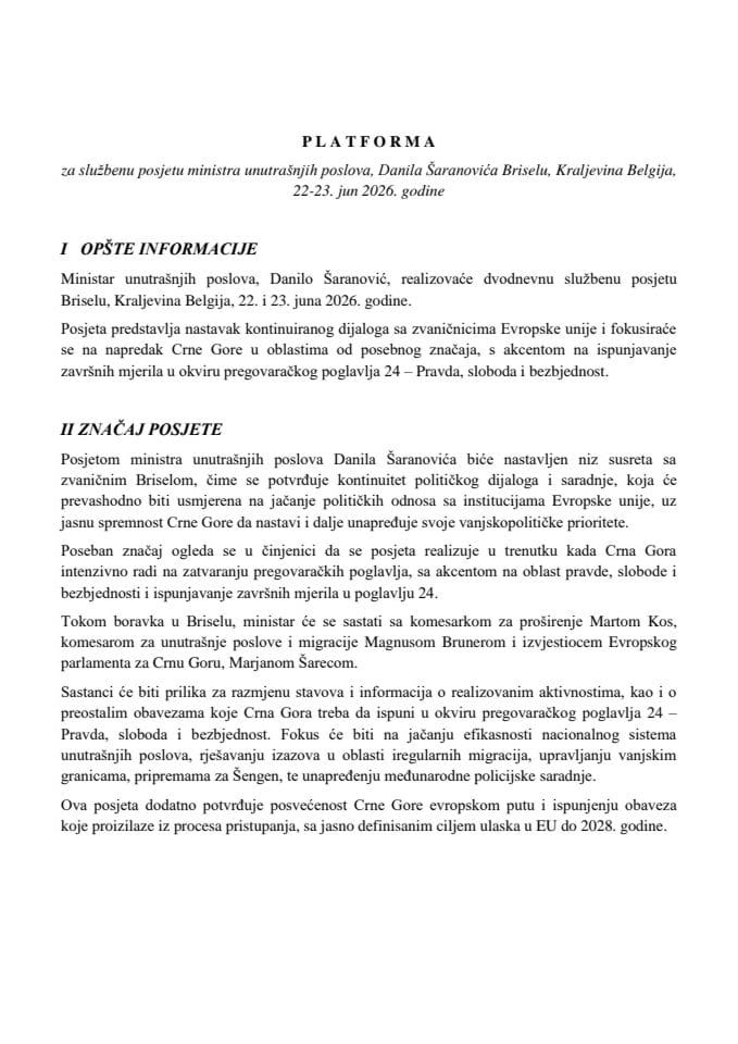 Predlog platforme za posjetu ministra unutrašnjih poslova Danila Šaranovića Briselu, 22-23. jun 2026. godine