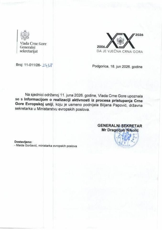 Usmena informacija o realizaciji aktivnosti iz procesa pristupanja Crne Gore Evropskoj uniji - Zaključci