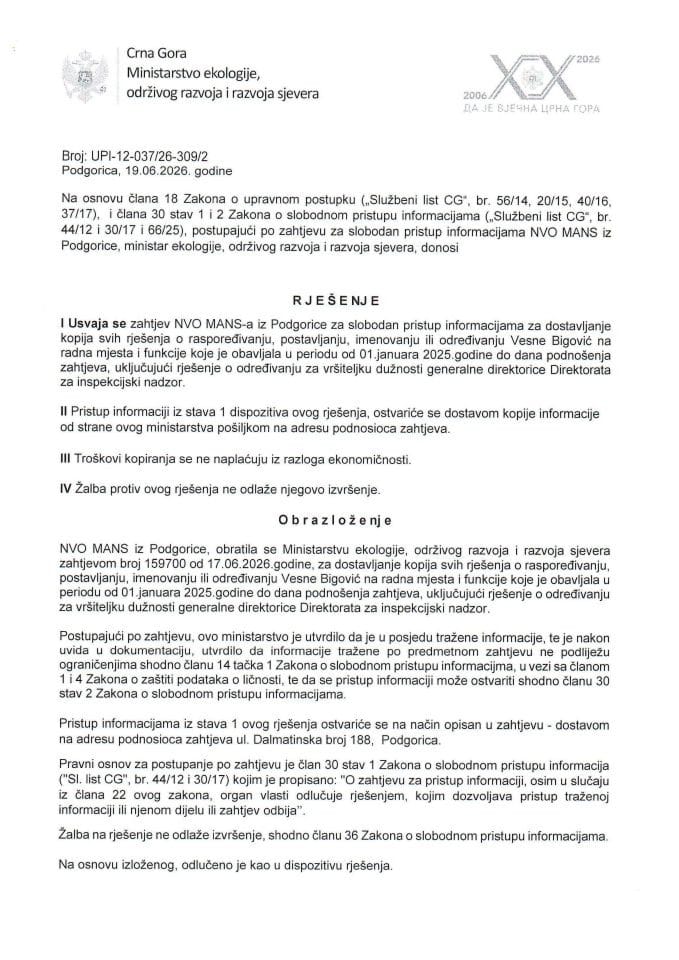 Rješenje po zahtjevu NVO MANS UPI- 12-037-26-309-2 od 19.06.2026.