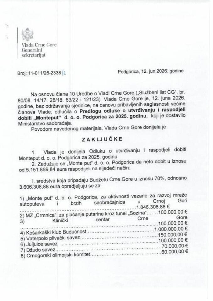 Predlog odluke o utvrđivanju i raspodjeli dobiti „Monte put“ d.o.o. Podgorica za 2025. godinu - Zaključci