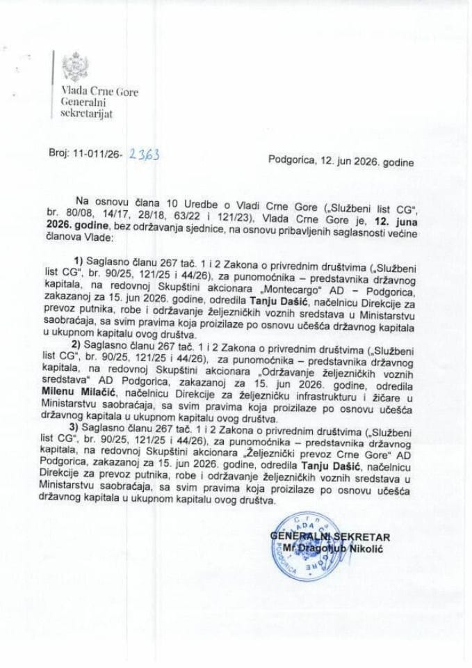 Kadrovska pitanja - 12.06.2026. godine - Zaključci